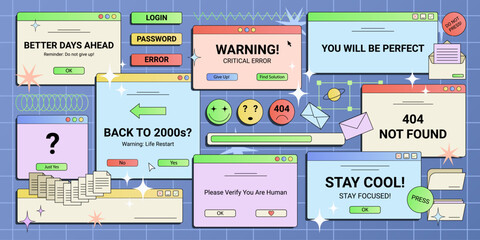 Poster - Y2K pc screens, windows, retro technology dialog messages, warnings, templates, signs and symbols. Vector illustration.