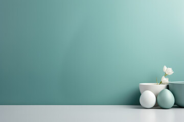 Poster - Pastel easter eggs in front of pastel coloured wall with copy space for design