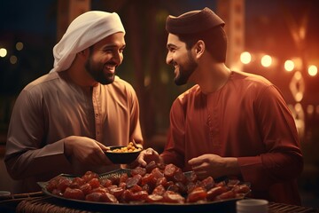 Muslim man smiling and giving dates to another Muslim man, dates in tray, Dates, Ramadhan Dates,