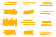 Yellow marker brush lines. Highlighter underline scribbles. Paint pen handdrawn strokes. Collection of trendy brush stroke vector for yellow ink paint, grunge backdrop, dirt banner, watercolor design 
