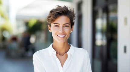 Wall Mural - Young Woman Smiling, Short Hair Leaning with office background, 