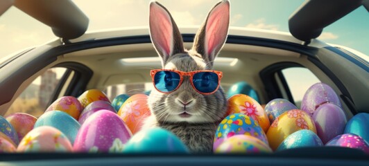 Wall Mural - Funny easter concept holiday animal greeting card - Cool Easter bunny with sunglasses and colorful painted easter eggs in a car
