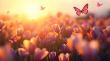 Wide Field Of Tulpes And Butterfly In Summer Sunset, Panorama Blur Background. Autumn Or Summer Tulpes Background With Butterflies. Shallow Depth Of Field