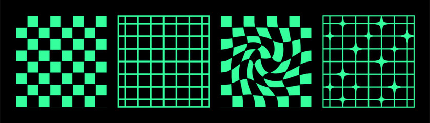Poster - Set of acid abstract y2k aesthetics backgrounds with grids, chessboards, blinks and distortions. Vector decorative art.