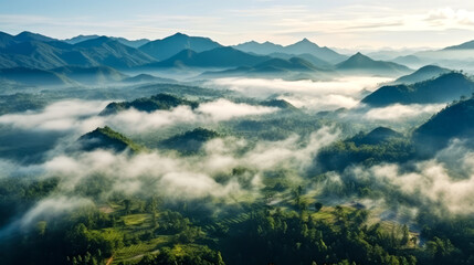 Wall Mural - Aerial view of misty jungle surrounded by mountains