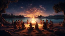 A Group Of Friends In Bohemian Attire, Having A Drum Circle Around A Bonfire On A Sandy Beach, With The Moon Illuminating The Night.