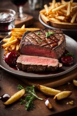 Wall Mural - Close-up of a mouthwatering delicious hot sliced steak with French fries in a white plate on the table. Restaurant, gourmet food concepts.