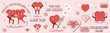 Set of vector groovy characters of hearts and phrases for Valentine's Day for your greeting card and poster designs. Trendy retro cartoon style.