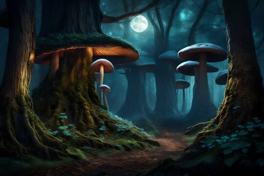 Glowing mushrooms in the jungle at night