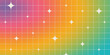 Y2K blurry rainbow gradient background with linear grid and star shapes. Cool banner template in 2000s aesthetic. Trendy minimalist vector design in brutalism style