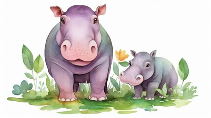 Wall Mural - Hand drawn cute isolated tropical summer watercolor hippo animals. baby and mother. AI Generative