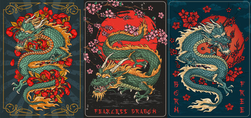 Asian dragons colorful set flyer