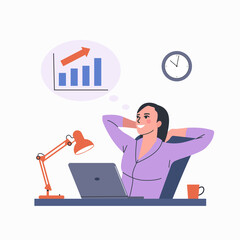 Wall Mural - Young woman sit at desk distracted from computer work dreaming of profit. Vector flat style cartoon  illustration