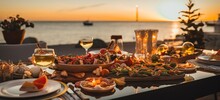 Luxurious Christmas Dinner On A Yacht, Elegant Table Setting, And Festive Atmosphere By The Sea.