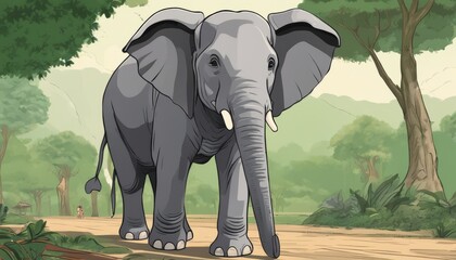 Sticker - A cartoon elephant walking in a forest