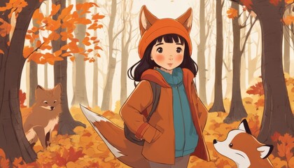 Wall Mural - A girl in an orange jacket with a fox tail stands with two foxes