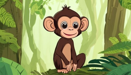 Canvas Print - A cartoon monkey is sitting in a forest