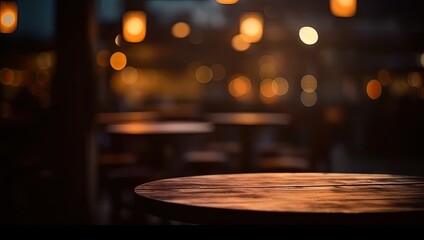 Scene bar captures essence of modern yet cozy space. Vintage wooden table bathed in warm light serves as focal point against dark ambiance of night on blurred cafe background