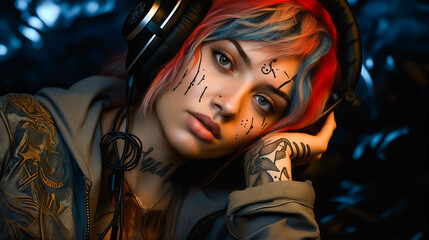 Poster - Woman with headphones and tattoos on her face and arm.