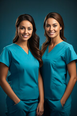 Poster - Two women in scrubs are smiling for the camera while standing side by side.