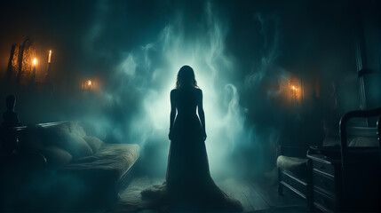 Wall Mural - Woman in long dress standing in dark room with bed.