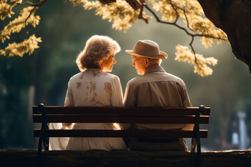 Wall Mural - Man and woman sitting on bench together looking at each other.