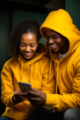 Poster - Man and woman in yellow hoodies looking at cell phone.