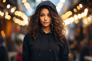 Poster - Woman with long hair wearing black hoodie.