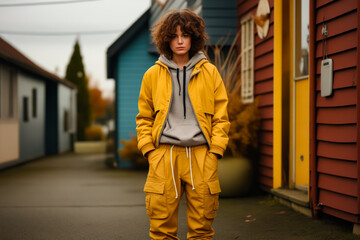 Poster - Man standing in front of house wearing yellow jacket.