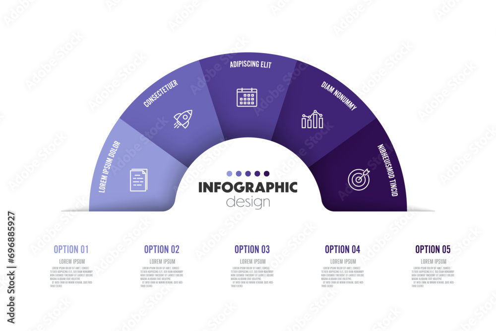 Vector infographic semi circle template diagrame. Business concept 5 ...