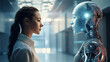 A girl talks to artificial intelligence in the form of a robot.
