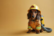 Dachshund Professions - a well-groomed young Dachshund posing as a firefighter with appropriate props and attire Gen AI