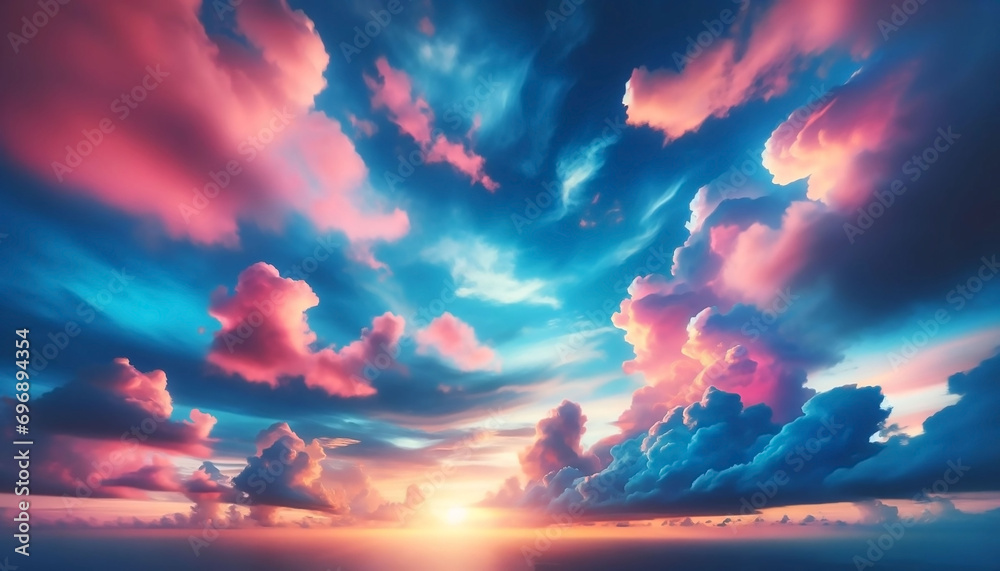 Beautiful natural background with blue sky and pink fluffy clouds at ...