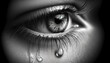 Tears on eyes. Open expressive look eyes with teardrop on the eyelashes macro close-up black and white