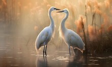 Romantic Scene Of Two White Birds In The Water