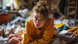 Teenage ADHD Struggle - Frustrated girl in a cluttered room struggling to leave home Gen AI