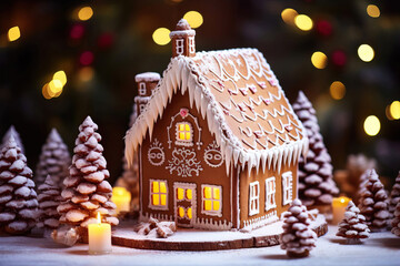 Seasonal Sweets. Christmas Gingerbread House Captured in Bokeh Harmony.