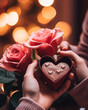 Mãos femininas segurando um chocolate em formato de coração com flores desfocadas no fundo - Papel de parede romântico 