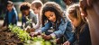 Children engaging in garden planting activity. Education and nature connection.