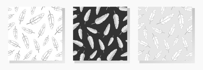 Wall Mural - Feathers vector seamless patterns collection. Set in gray, black and white colors.