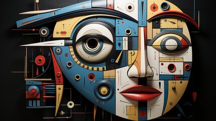 Wall Mural - A vibrant and whimsical art piece, featuring a beautifully decorated face made entirely of painted, colorful pieces