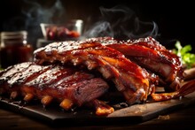 Close Up Of Juicy Barbecue Pork Ribs, Expertly Sliced And Seasoned For Mouthwatering Delight