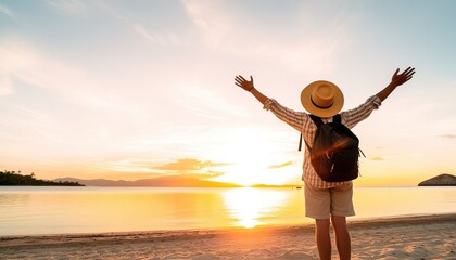 Happy man wearing hat and backpack raising arms up on the beach at sunset , Delightful man enjoying peaceful moment walking outdoors , Wellness, healthcare, traveling and mental health