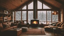 In A Snowy Woods, A Cozy House With A Warm Fireplace. Peek Out The Window, And You'll See Snow Falling Down