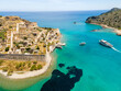 Aerial drone view of an old Venetian fortress island and former Leper colony. Spinalonga, Crete, Greece.