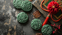 A Creative Layout Featuring Replica Shang Dynasty Jade Carvings, Chinese New Year, Flat Lay, Top View, With Copy Space