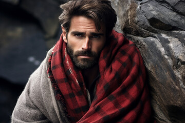 AI generated image of attractive man wrapped in warm cozy blanket cold weather outdoors