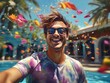 young man selfie with pool party . Generative Ai