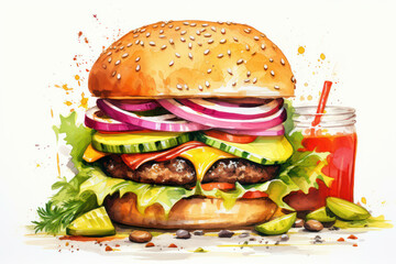 Wall Mural - Background burger meat food cheese beef hamburger lettuce tomato cheeseburger meal