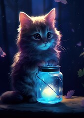 Poster -  a painting of a kitten sitting on a table next to a glass jar with a glowing light inside of it.